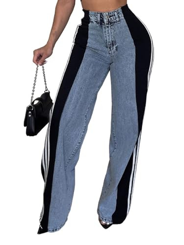 Womens Jeans High Waisted Wide Leg Striped Patchwork Color Block Stretchy Loose Straight Denim Pa... | Amazon (US)