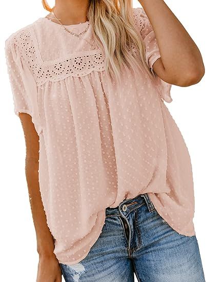 Dokotoo Womens Crewneck Lace Crochet Pom Pom Flowy Short Sleeve Casual Shirts Blouses Tops | Amazon (US)