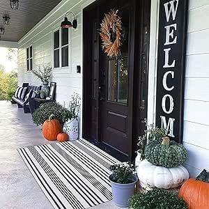 Black and White Striped Outdoor Rug Front Porch Rug 27.5"x43" Cotton Hand-Woven Welcome Mats Laye... | Amazon (US)