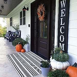Black and White Striped Outdoor Rug Front Porch Rug 27.5"x43" Cotton Hand-Woven Welcome Mats Laye... | Amazon (US)