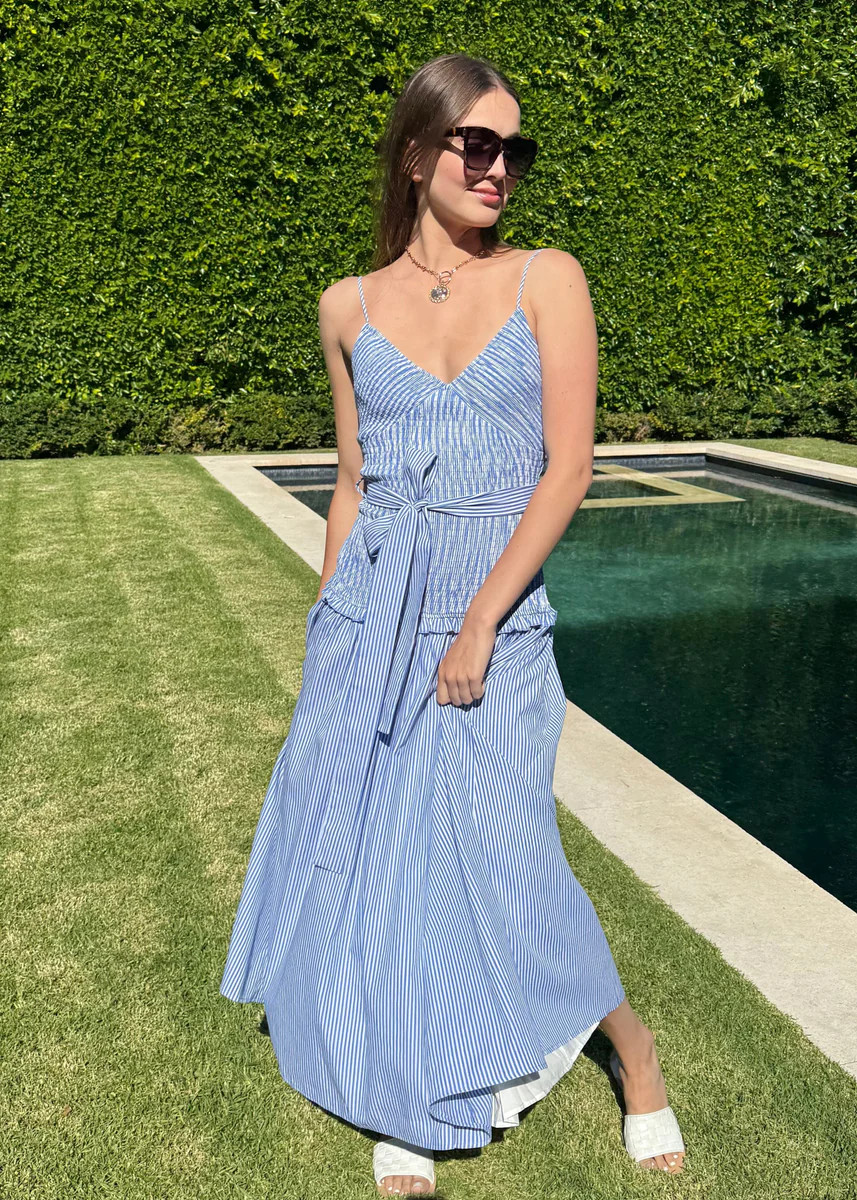 Dorothy Smocked Bodice Drop Waist Blue and White Striped Midi Dress | Benaar La