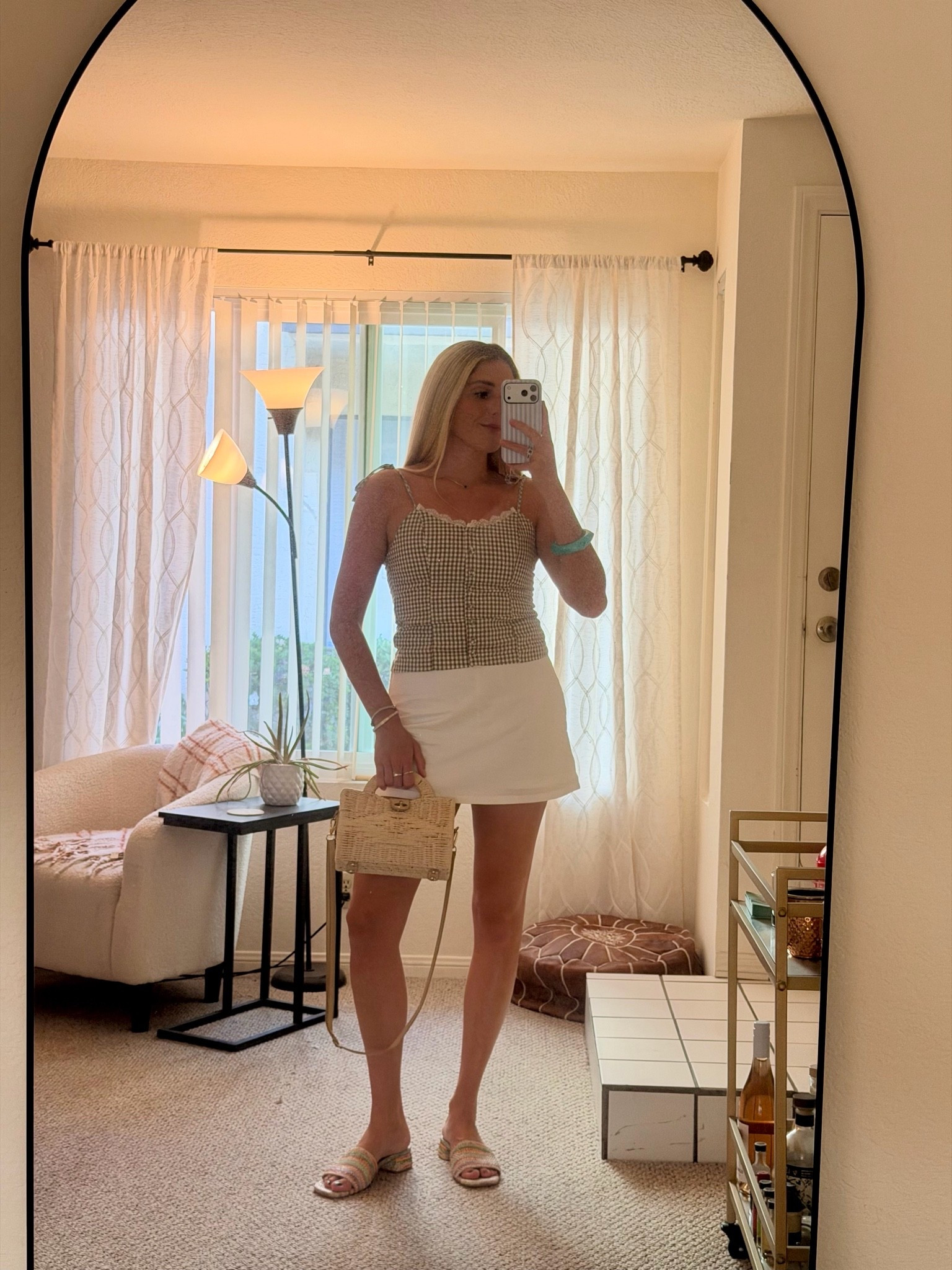 summer outfit inspo / white linen skirt and gingham top, multi raffa sandals