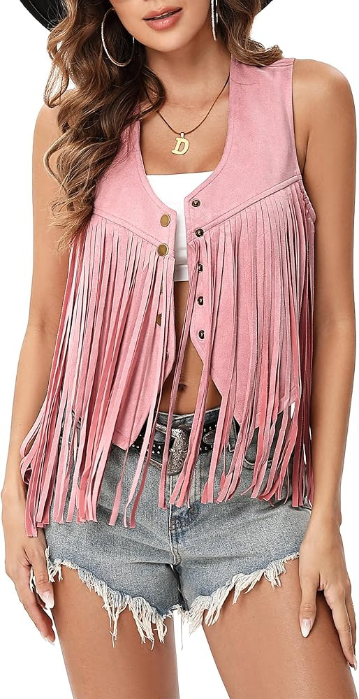 KOJOOIN Women's Fringe Vest 70s Hippie Faux Suede Rivets Sleeveless Costume Fringe Jacket | Amazon (US)