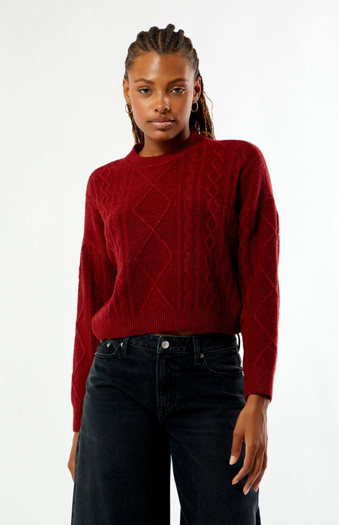 Women's Cable Knit Cozy Crew Neck Sweater in Red - Size XS | PacSun