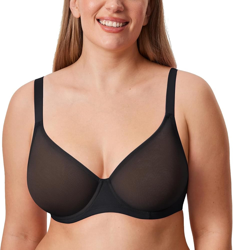DELIMIRA Women's Cosnufy Sheer Mesh Bra Full Coverage Plus Size Plunge Unlined Underwire Bras | Amazon (US)