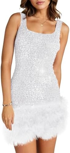 Wenrine Womens Sparkly Sequin Dress Bodycon Square Neck Fur Club Party Mini Dresses | Amazon (US)