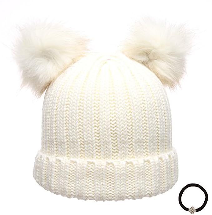 Women's Winter Chunky Knit Double Pom Pom Beanie Hat With Hair Tie. | Amazon (US)