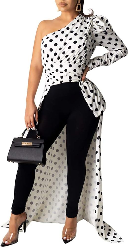 Women Sexy One Shoulder Long Puff Sleeve Bodycon High Low Asymmetrical Irregular Maxi Blouse Top ... | Amazon (US)