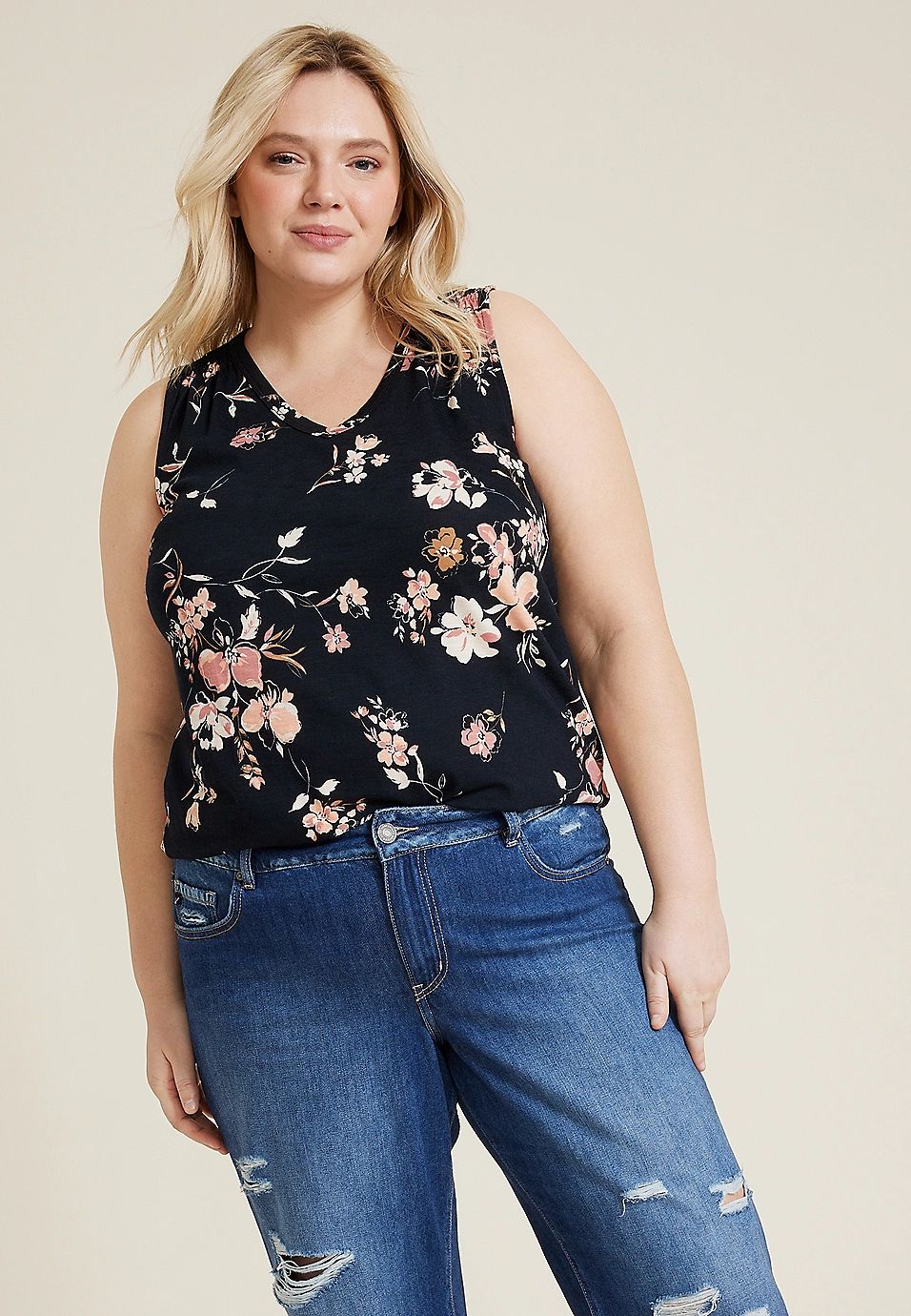 Plus Size 24/7 Morgan Floral V Neck Tank Top | Maurices