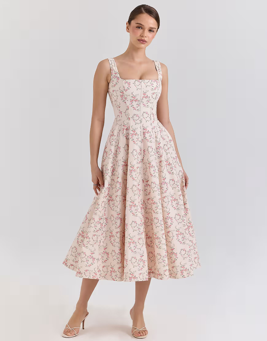 House of CB Mariabella cotton midi sun dress in cream floral print-White | ASOS (Global)