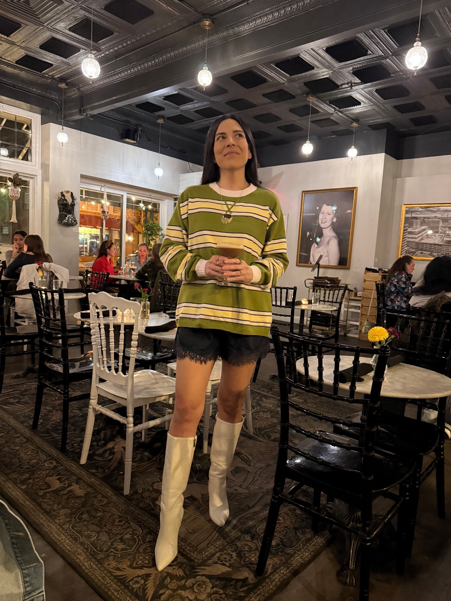 Size XS in the sweater and size M in the shorts