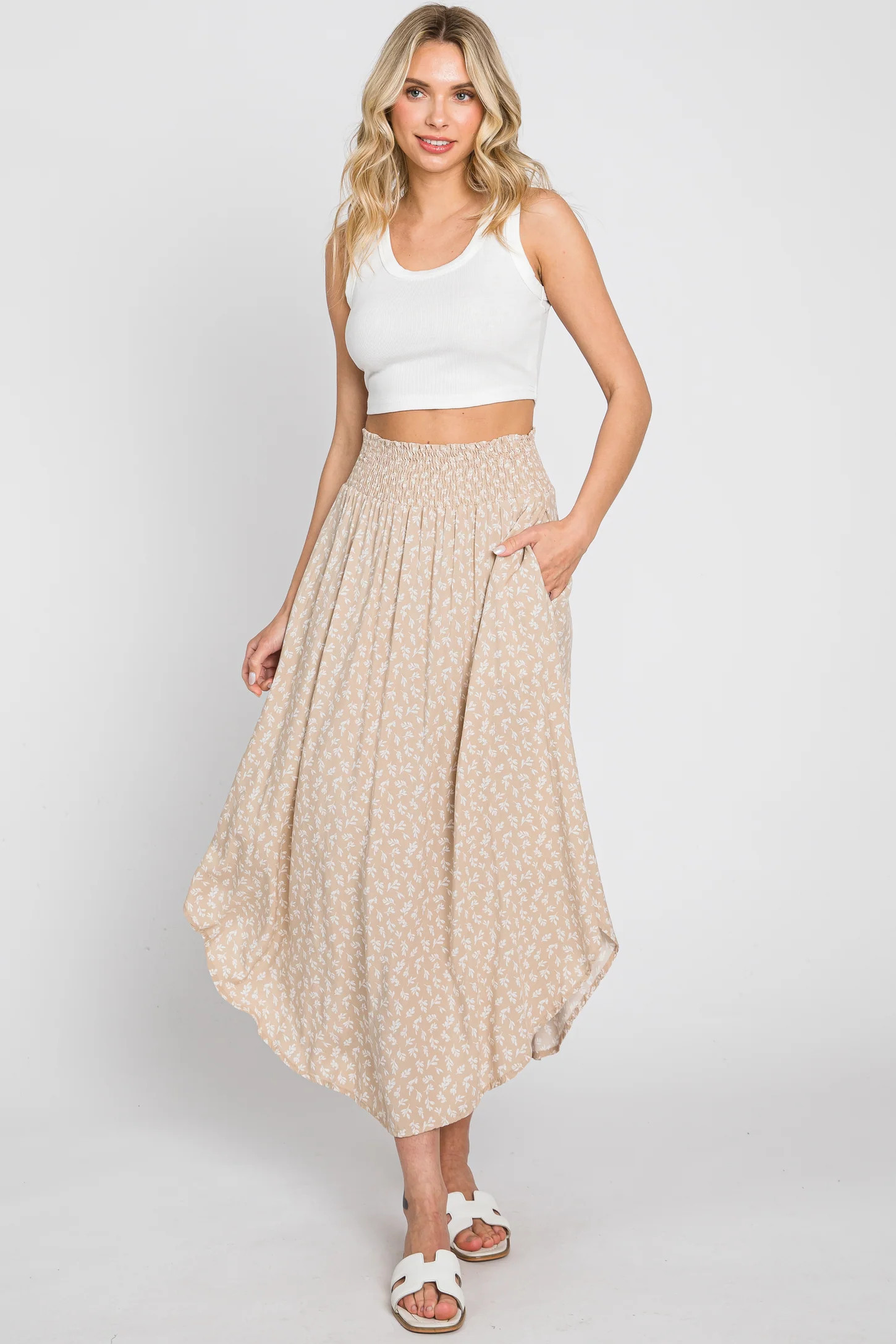Beige Leaf Print Smocked Midi Skirt | PinkBlush Maternity