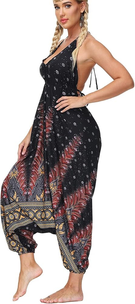 Women's V Neck with Spaghetti Strap Loose Boho Harem One Piece Jumpsuit Romper Print Beach Handkerch | Amazon (US)