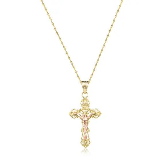 14K Solid Yellow Rose Gold Filigree Crucifix Cross Pendant Singapore Chain Necklace Set - Jesus Poli | Etsy (CAD)