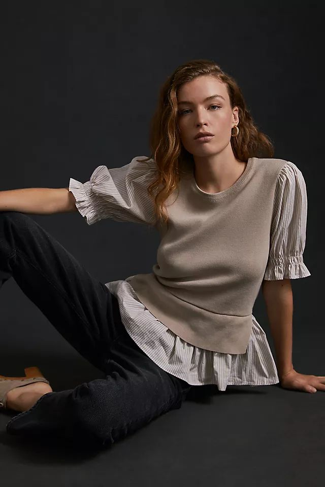 By Anthropologie Layered Poplin-Sleeved Sweater | Anthropologie (US)