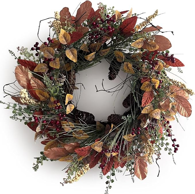24 Inch Fall Wreath for Front Door Burgundy Berry Autumn Wreath with Pine Mixed Yellow Leaves, La... | Amazon (US)