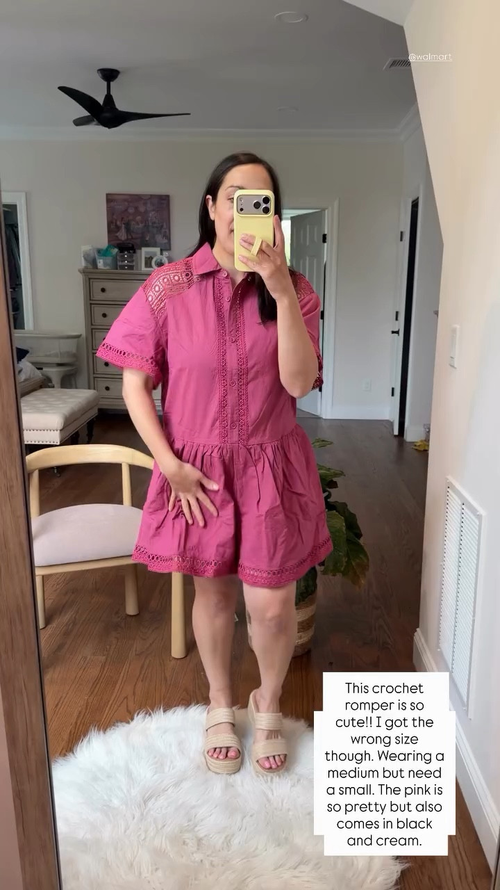 This crochet romper is so cute!! I got the wrong size though. Wearing a medium but need a small. The pink is so pretty but also comes in black and cream.  @walmart