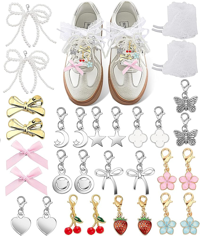 Yawlsow 30 Pcs Shoe Charms for Sneakers Junk Charm for Women with Ribbon Lace Shoelaces, Clips, L... | Amazon (US)
