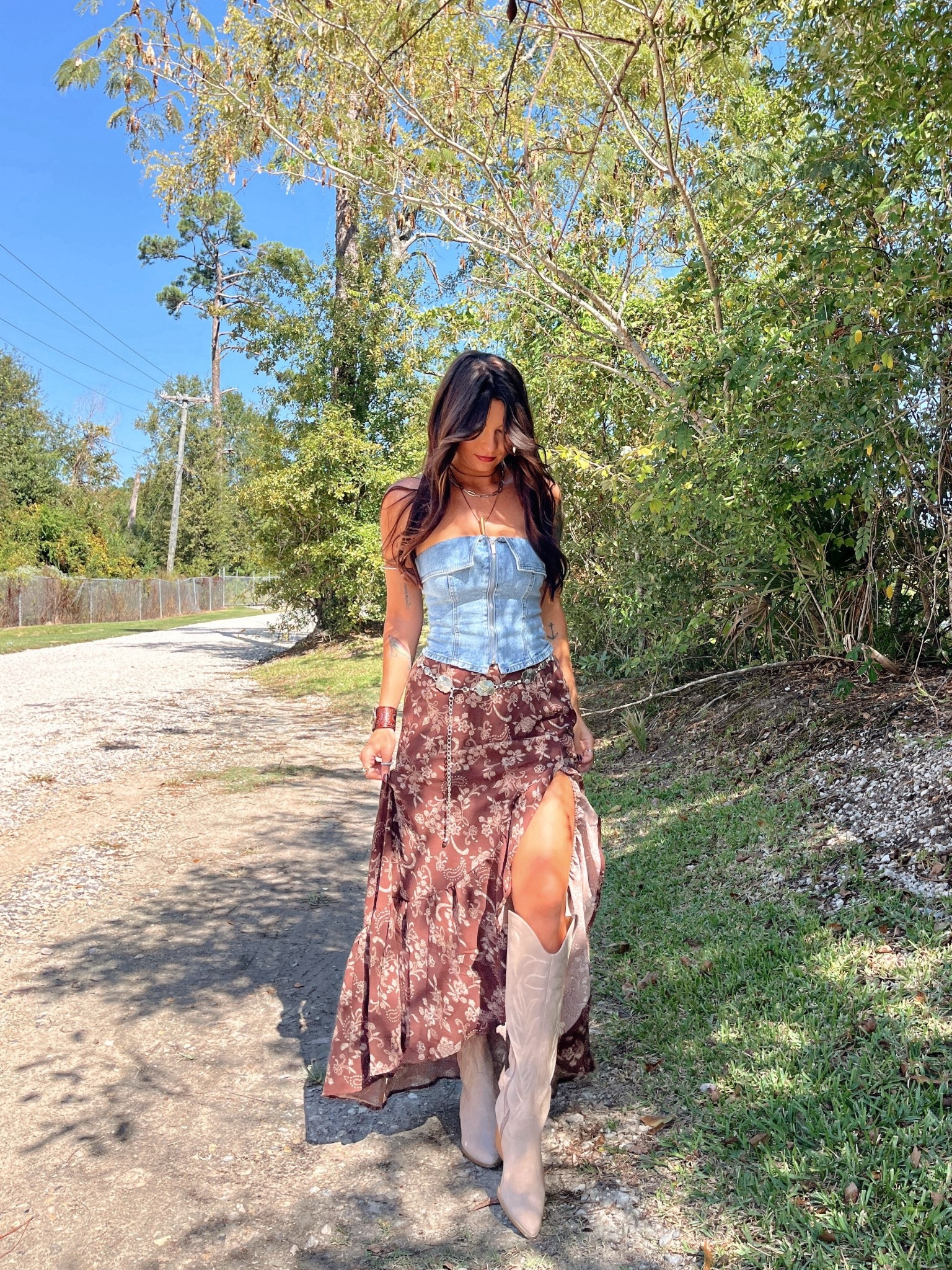 Brown boho style maxi skirt paired with denim tube top! Tube top isn’t available anymore so linking similar items. My boots are BOGO free until tomorrow! Code LORI20 to save on shot necklace 

#LTKPetite #LTKShoeCrush #LTKStyleTip
