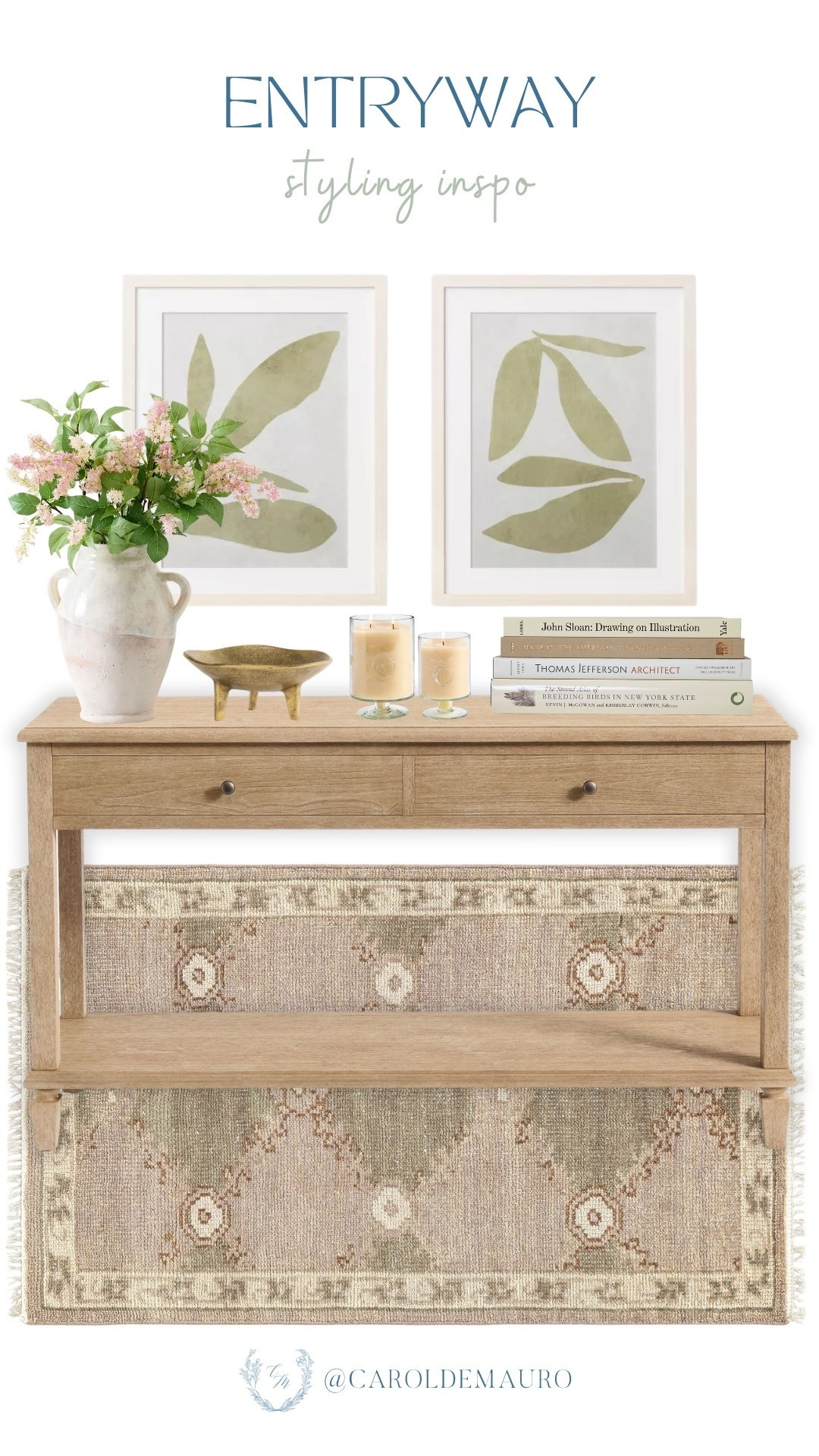 Give your home a fresh first impression by pairing a light wood console table with a neutral runner rug and botanical wall art. You can complete the display with a textured ceramic vase, a brass bowl, and a stack of books for an effortlessly styled entryway.

home styling, furniture finds, neutral decor, modern farmhouse, floral arrangement, living room inspo, foyer design, interior design

#LTKSeasonal #LTKU #LTKHome