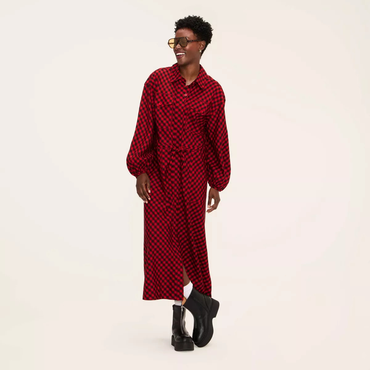 Women's Buffalo Check Long Sleeve Utility Midi Shirt Dress - Woolrich x Target Red/Black | Target