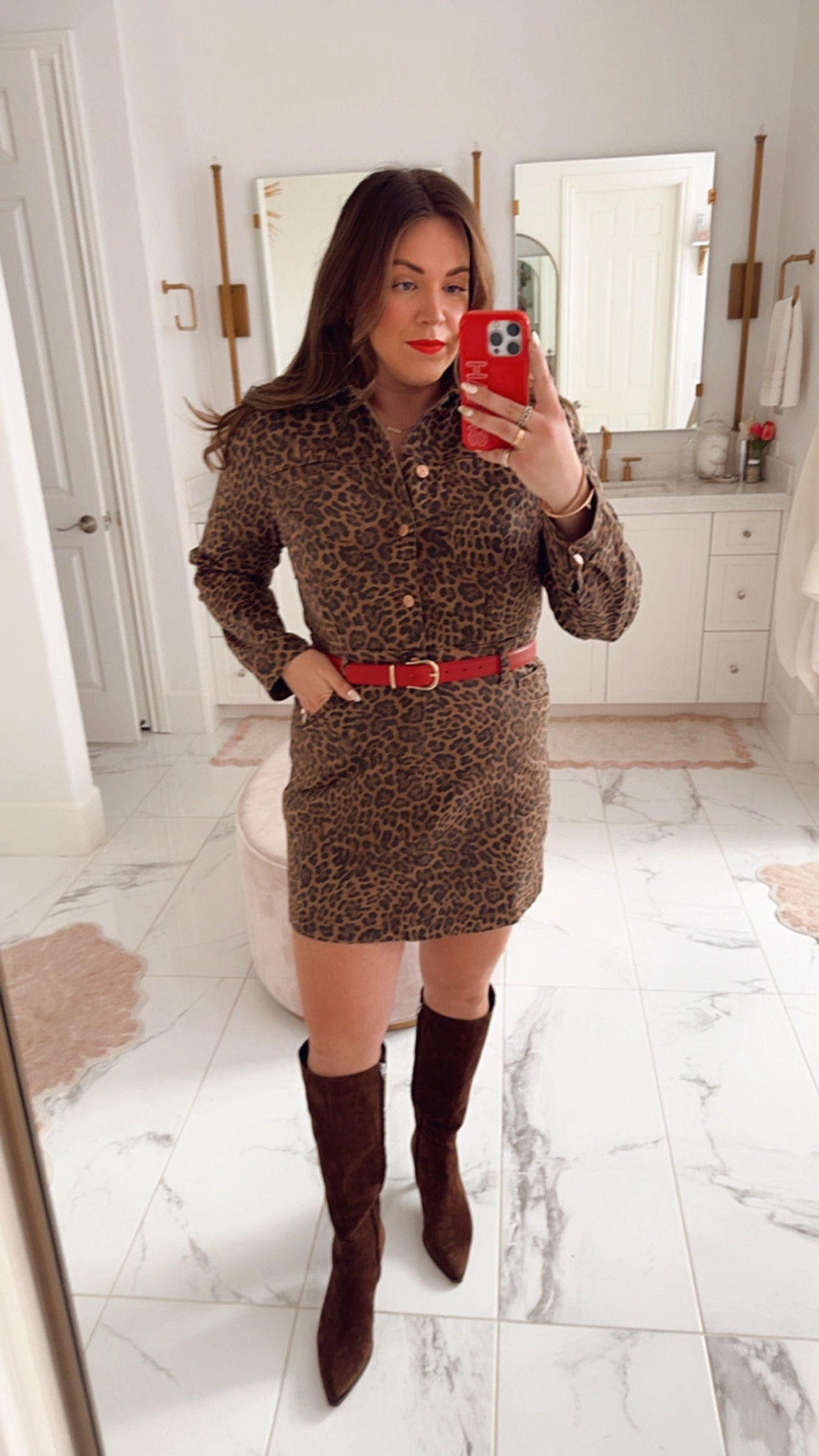 curvy fall leopard outfit! wearing size large in leopard denim dress (has some stretch) and size large in red belt. my fave look! 

#LTKFindsUnder100 #LTKSeasonal #LTKMidsize