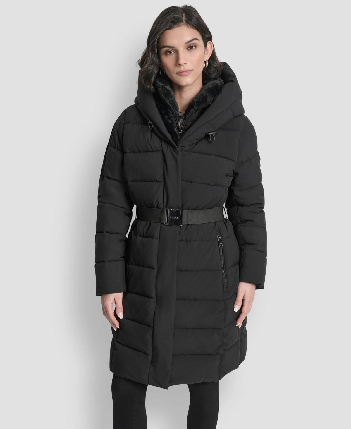 Dkny Women's Belted Asymmetrical Zip Front Puffer Coat - Black | Macy's