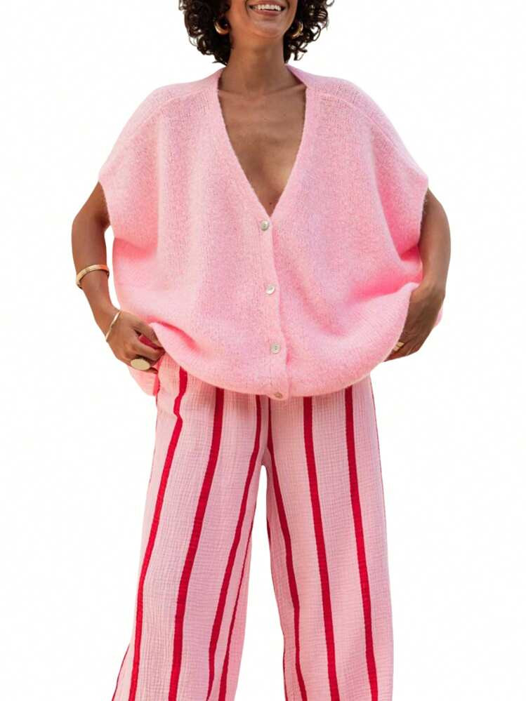 Womens Loose Knit Cardigan Solid Color Short Sleeve V-Neck Button Down Lightweight Sweaters | SHEIN