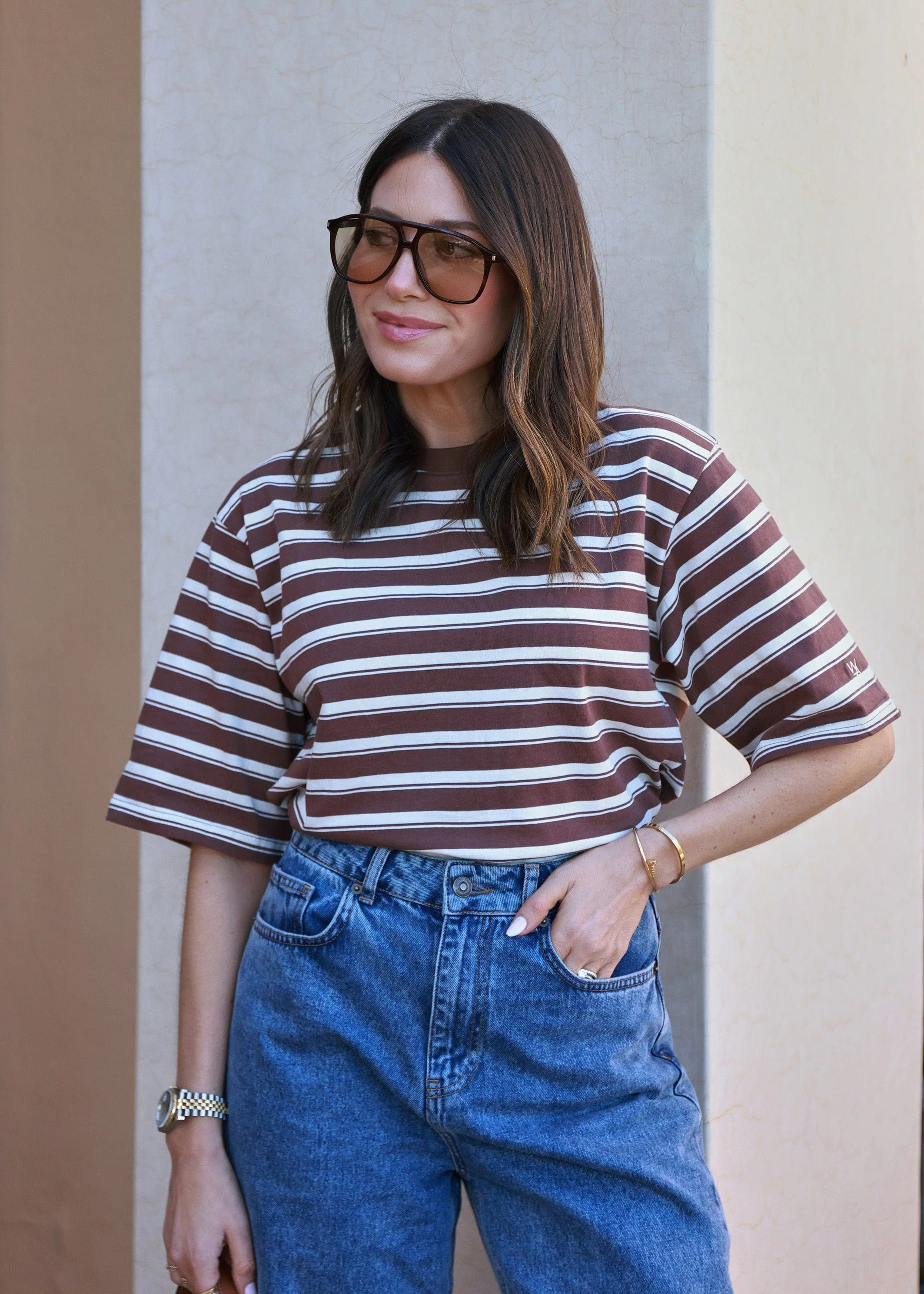 STRIPE BOXY TEE - BROWN | WAT The Brand