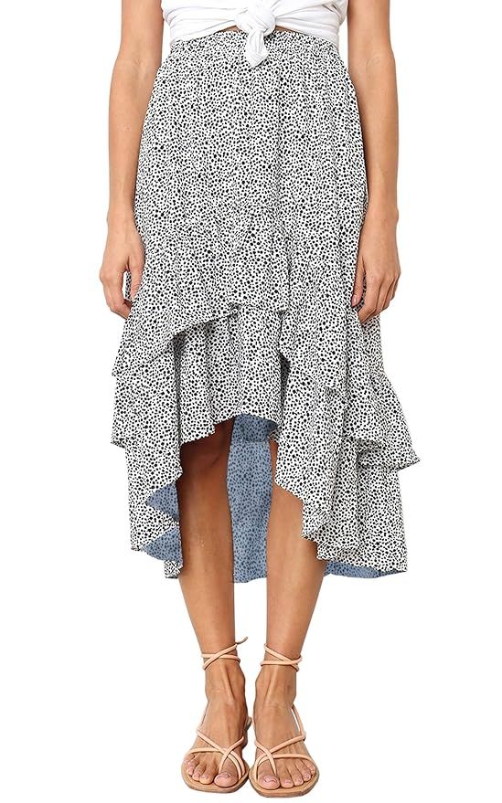 Hibluco Women's Casual High Waist Polka Dot Asymmetrical Ruffles Layers Long Skirt | Amazon (US)