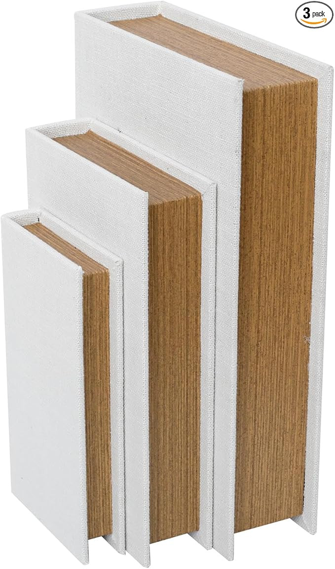 Modern Linen and Wood Decorative Faux Book Boxes Set of 3-13",10",8" - White | Amazon (US)