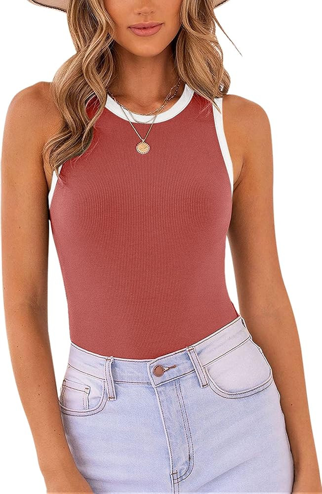 MISSJOY Women's Basic Sleeveless Racer Back Halter Neck Ribbed Bodysuit Tank Tops | Amazon (US)