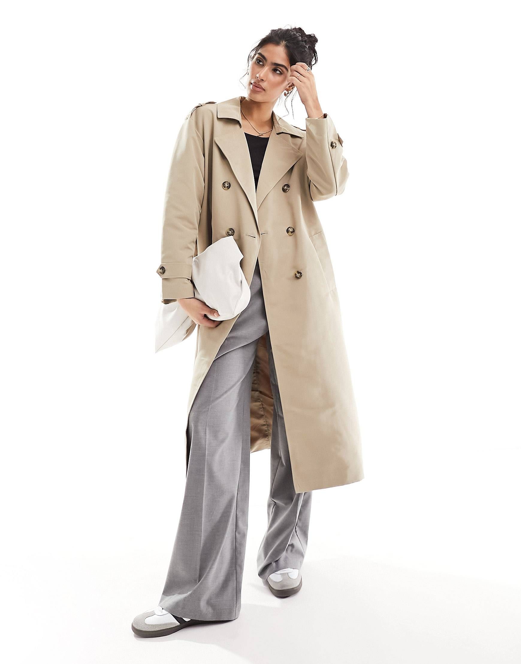 Vero Moda longline belted trench coat in stone | ASOS (Global)