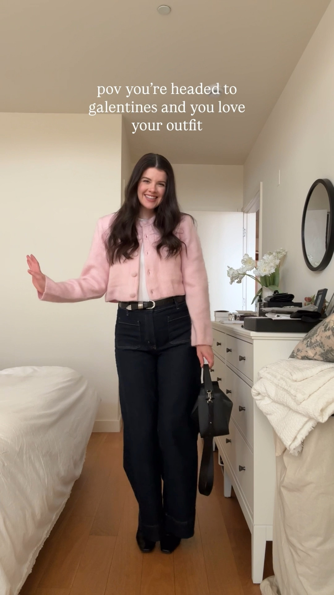 The perfect galentines/valentines look! Pink cardigan, wide leg jeans, and boots 

#LTKmomlife #LTKValentine
