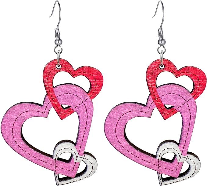 Valentine's Day Earrings for Women Girls, Wood Hollow Heart Shaped Drop Earrings | Amazon (US)