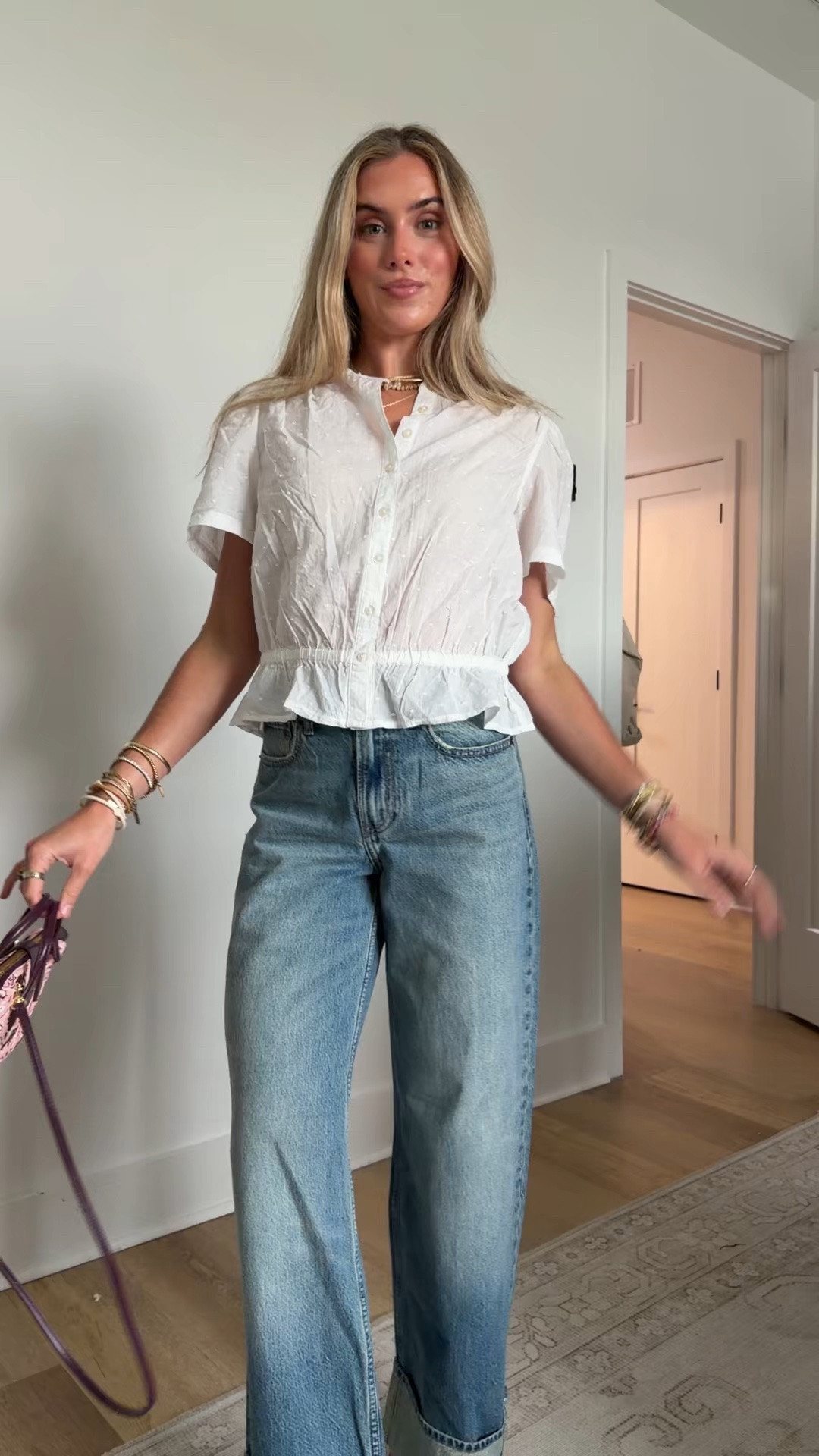 Outfit for dinner with my parents! Broke out all the new goodies like my new purse from @stoneyclover it is precious from their new western collection. I am wearing my new gap size xs Button-Front Crop Peplum Top paired with my @abercrombie high rise wide leg jeans. My heels are the perfect pink to match from Amazon (dream pairs)

#LTKootd #LTKdayinmylife #LTKSeasonal