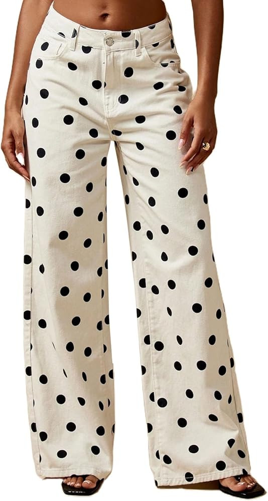 Yoawdats Women's Polka Dot Pattern Barrel Jeans Casual Wide Leg Mid Rise Denim Pants Y2K Boyfrien... | Amazon (US)
