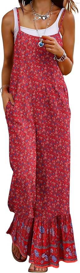 Himosyber Women's Summer Boho Jumpsuits Casual Wide Leg Bib Overalls Floral Print Rompers with Po... | Amazon (US)