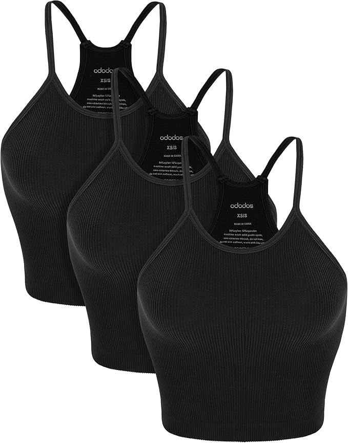 ODODOS Women's Crop 3-Pack Seamless Rib-Knit Camisole Crop Tank Tops | Amazon (US)