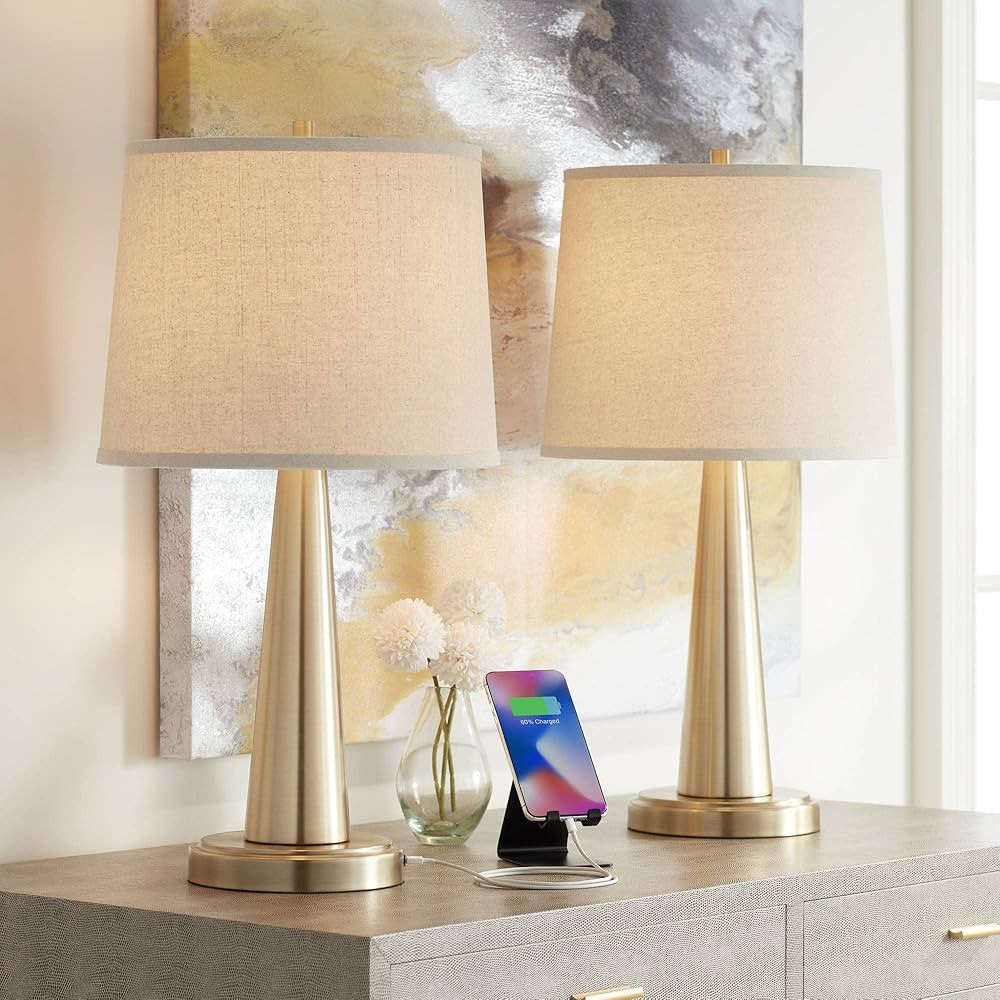 360 Lighting Karla Modern Table Lamps 25" Tall Set of 2 with USB Charging Port Brass Gold Metal B... | Amazon (US)