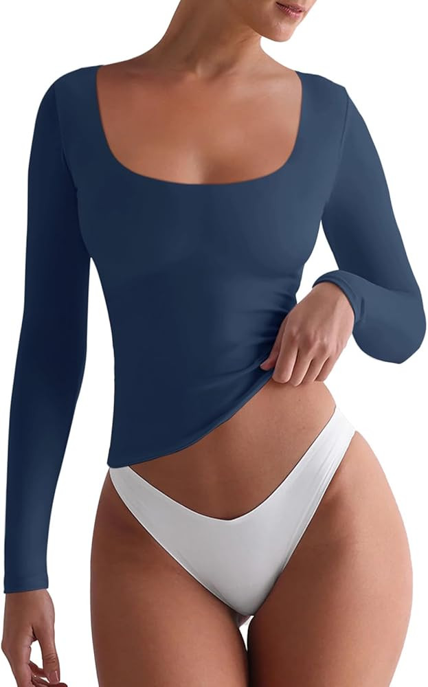 REORIA Womens Basic Square Neck Long Sleeve Shirts Double Lined Tops Tight Shirts Fall Outfits 20... | Amazon (US)