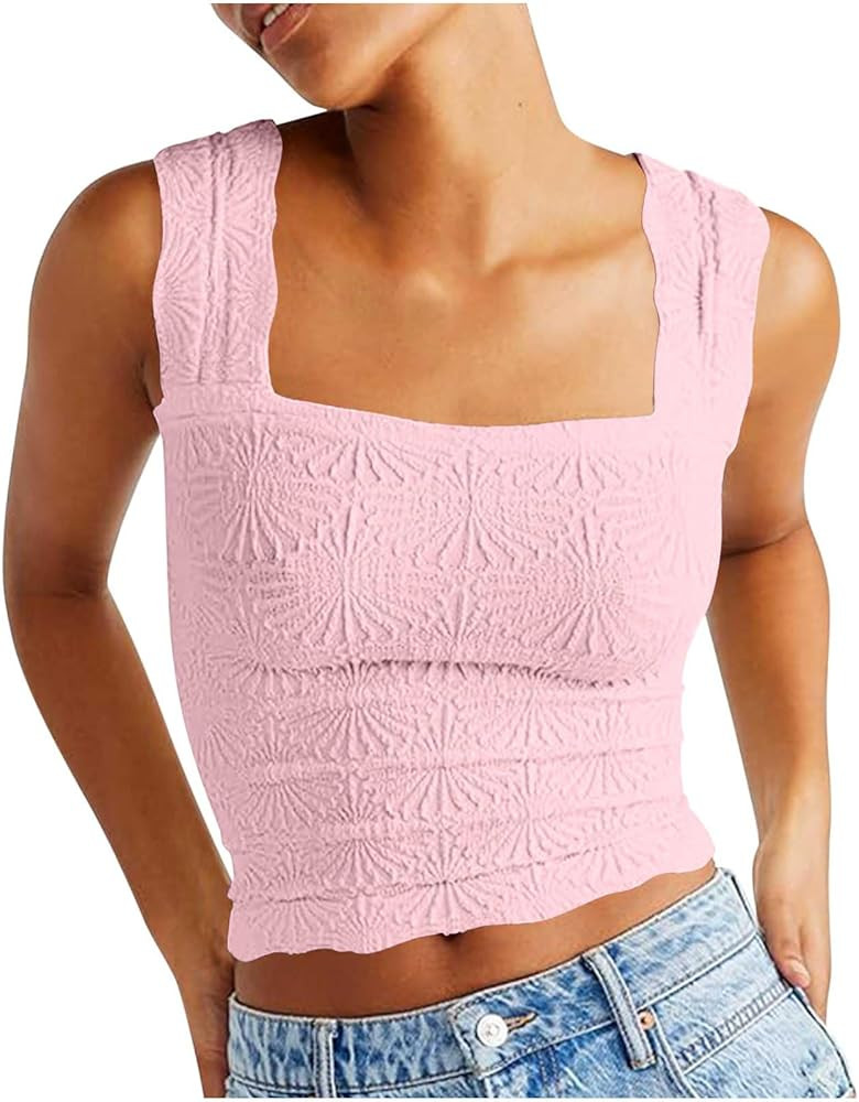 Women's Square Neck Wide Strap Crop Tank Tops Flower Going Out Tops Slim Fit Lettuce Trim Crop Ca... | Amazon (US)