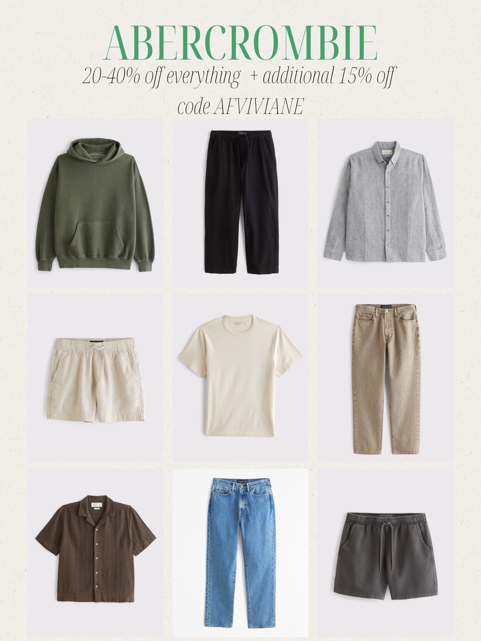 [3/25/26] @abercrombie mens favorites on sale for 20-40% off | code AFVIVIANE gets you an additional 15% off your cart 🤍 

[Offer valid in stores and online 3/25/2026-3/30/2026 in US/CA. Excludes clearance and gift cards. Online price reflects discount. Use code AFVIVIANE to get an additional 15% off everything in stores and online at checkout from 3/25/26-3/30/26 in US/CA. Excludes clearance and gift cards. See details online.]

#LTKMens #LTKSeasonal #LTKSaleAlert