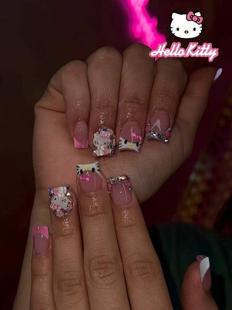 Sanrio Sanrio Hello Kitty 24Pcs Short Square 3D Gel Nail French Tip Press On Short Nails - Cute 3D Hello Kitty Decoration With Rhinestones And Flower Design Fit Perfectly Acrylic Fake Nail Set, Contain 1Pc Jelly Glue And 1Pc Nail File, Hello Kitty Nails For Women And Girls Daily Life And Party Use Nail Supplies Nails | SHEIN