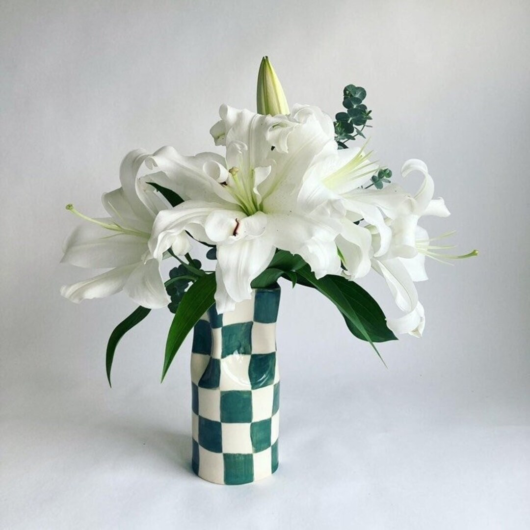 Green Ceramic Checkered Vase - Etsy | Etsy (US)