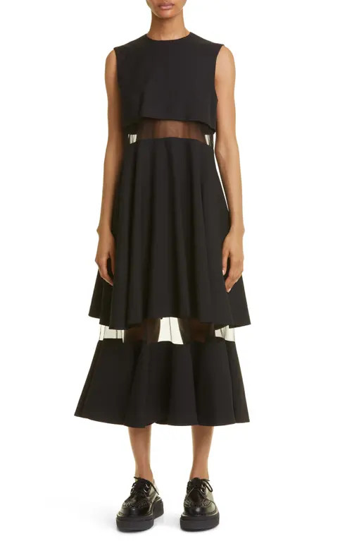 Noir Kei Ninomiya Tulle Inset Wool Gabardine Sleeveless Dress in Black at Nordstrom, Size Large | Nordstrom