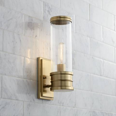 Stiffel Roslyn 15"H Gold and Ribbed Glass Wall Sconce | Lamps Plus