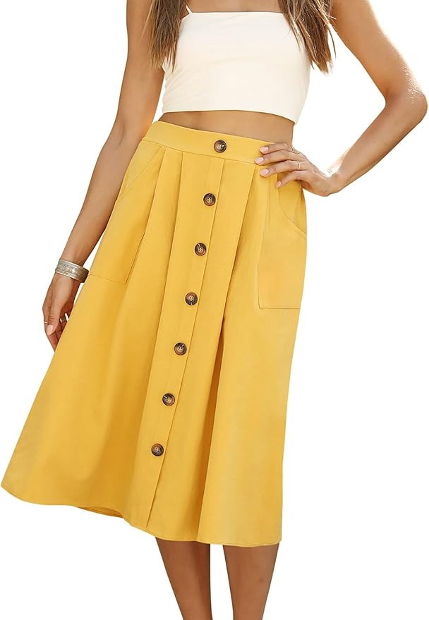 Naggoo Womens Summer Skirts Casual Front Button A-Line High Waisted Midi Skirt with Pockets | Amazon (US)
