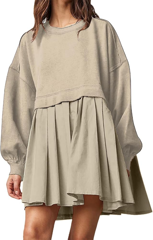 Women's Pullover Sweatshirt Dress Long Sleeve Loose Flowy Pleated 2024 Fall Mini Dress Tops | Amazon (US)