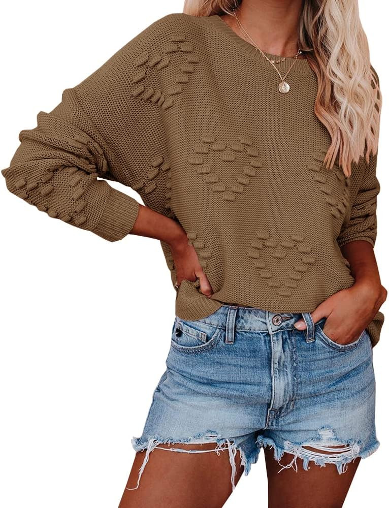 Tutorutor Womens Cute Heart Love Print Sweater Tops Oversized Crew Neck Dot Ball Loose Knitted Sprin | Amazon (US)